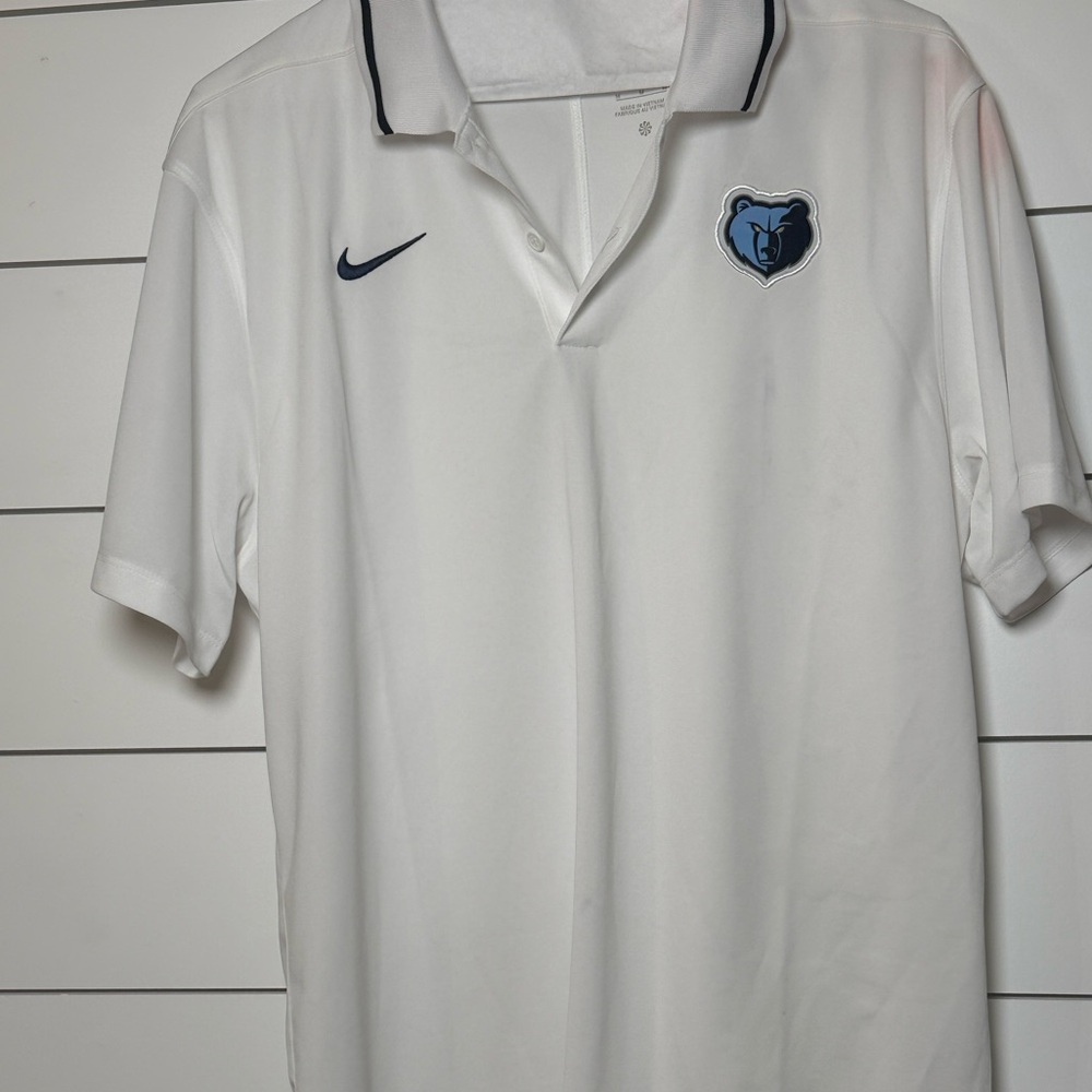 Nike White Polo with Navy Swoosh and Light Blue Grizzly Crest